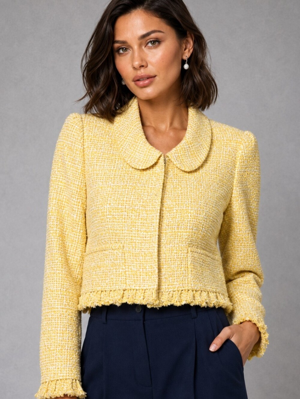 Ann Taylor LOFT Yellow & White Cropped Tweed Fringe Jacket